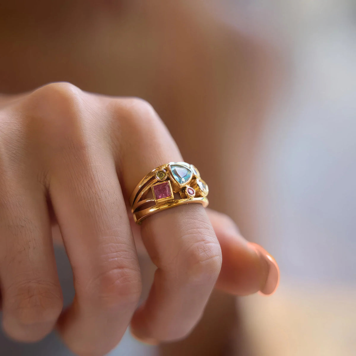 Gemma chunky gold dome ring with pink and blue bezel-set stones, view 3