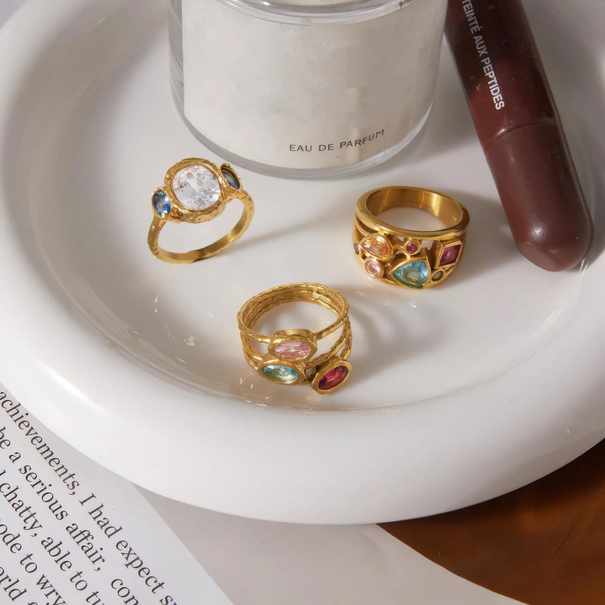 Gemma chunky gold dome ring with pink and blue bezel-set stones, view 4