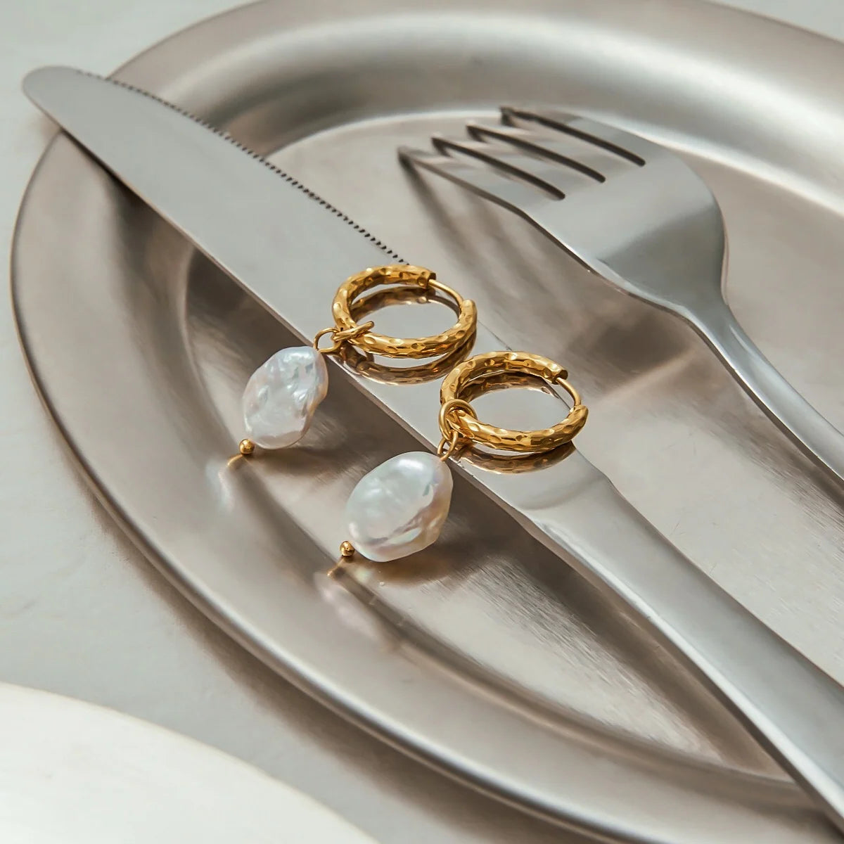 Teresa gold huggie earrings with baroque pearl drop, view 6