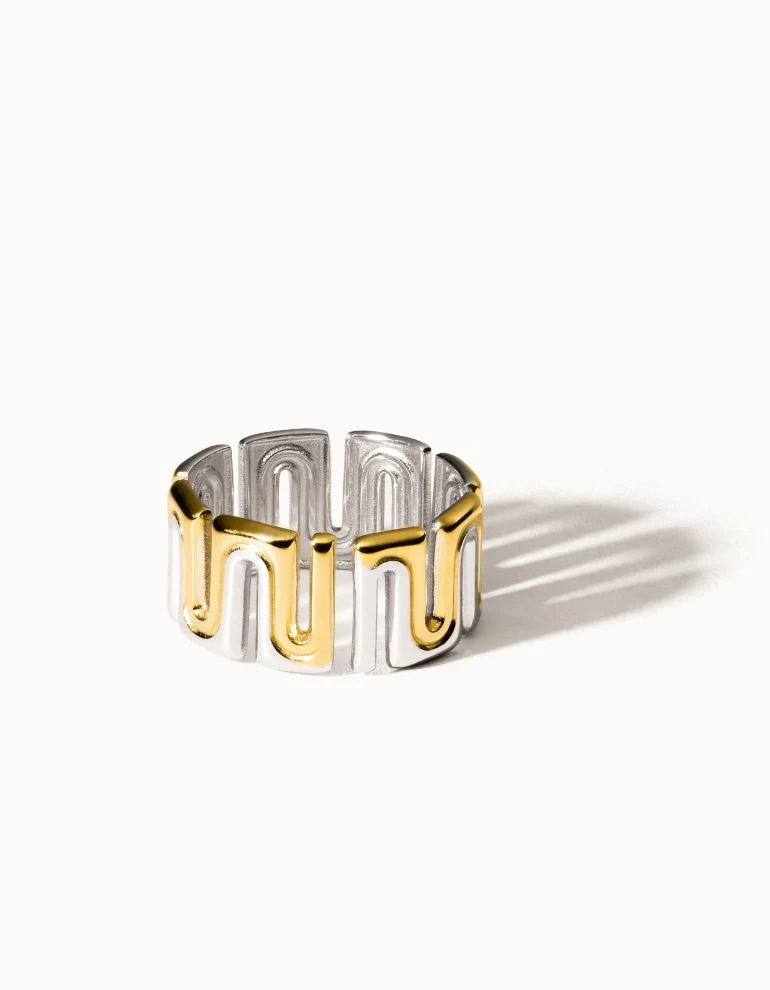 Ines wide gold Greek key pattern band ring, view 7