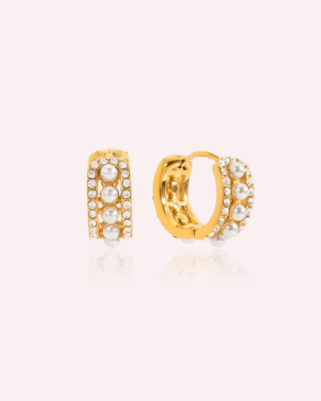 Adelaide wide gold huggie hoop earrings with pearls and crystals