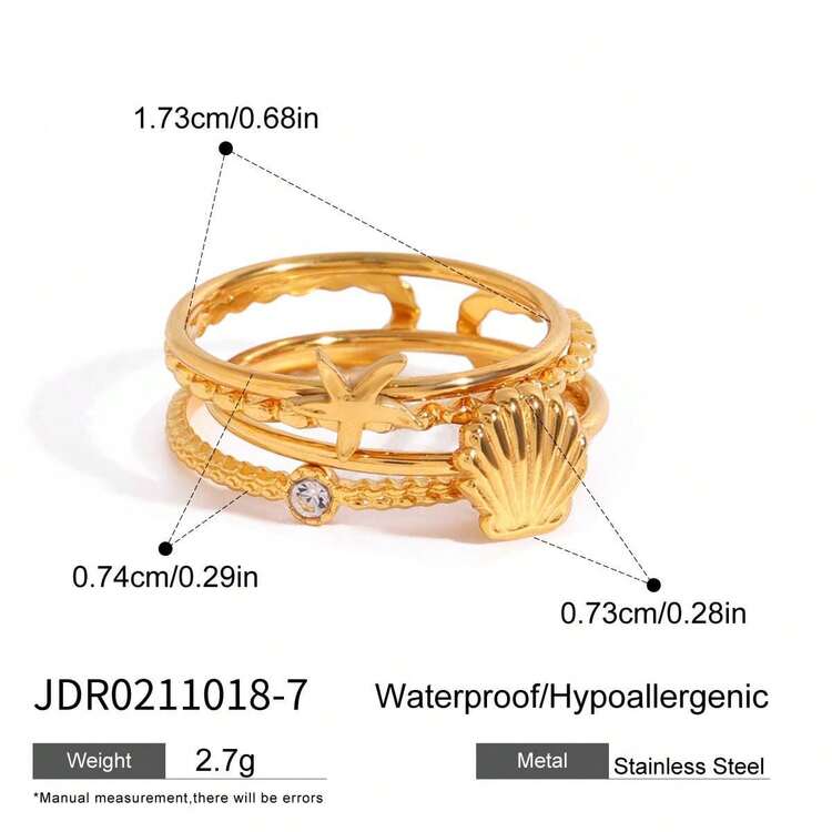Sirena gold stacked triple band ring with a shell, view 2