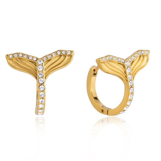 Tabitha gold whale tail huggie earrings with crystal pave
