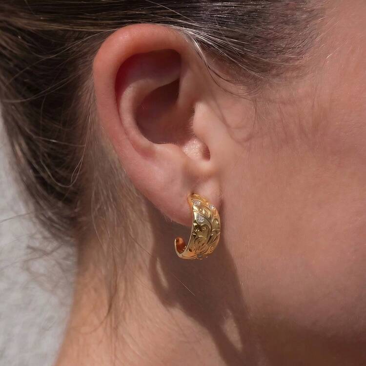Blair chunky engraved gold half hoop earrings, view 5