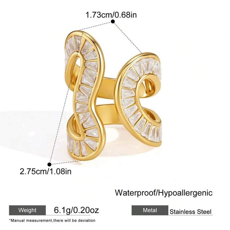 Seraphina gold S wave statement ring with baguette stones, view 4
