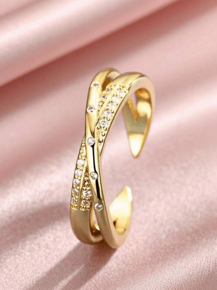 Ximena wide gold cross over ring with pave stones, view 4