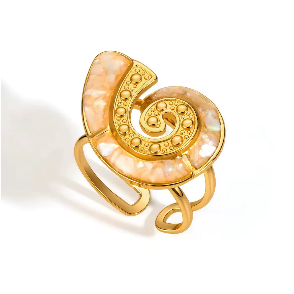 Oceane gold spiral seashell ring with peach enamel