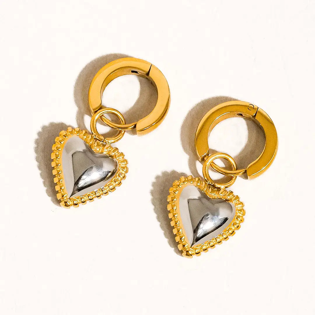 Hallie gold huggie earrings with two tone puffed heart charm, view 3