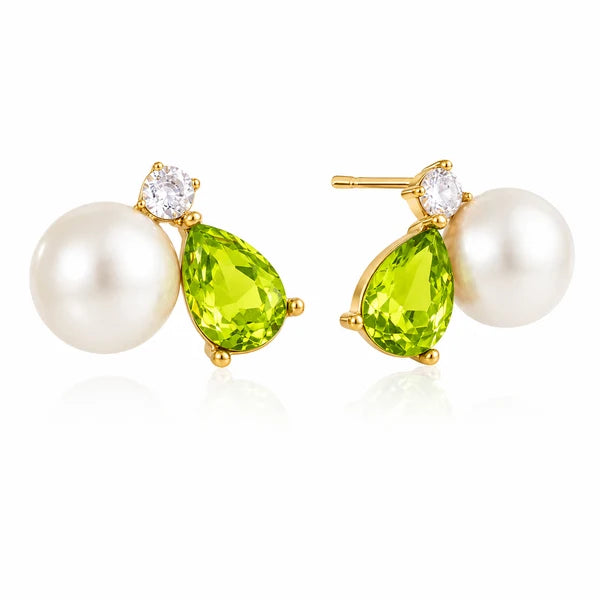 Margot gold stud earrings with a green pear stone, pearl and crystal