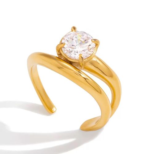 Isla gold double wave band ring with a round solitaire stone