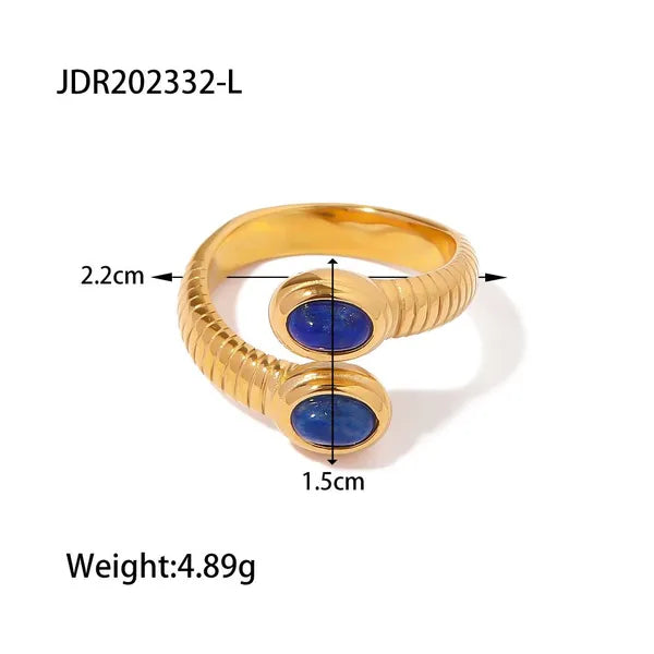 Sabine ribbed gold bypass ring with two blue oval stones, view 2
