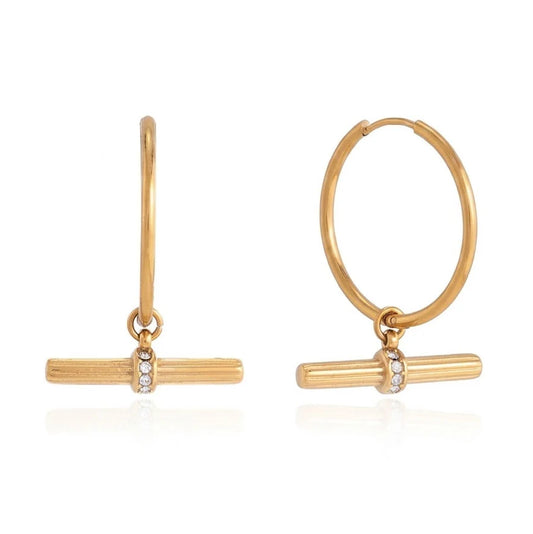 Edith gold hoop earrings with T-bar charm