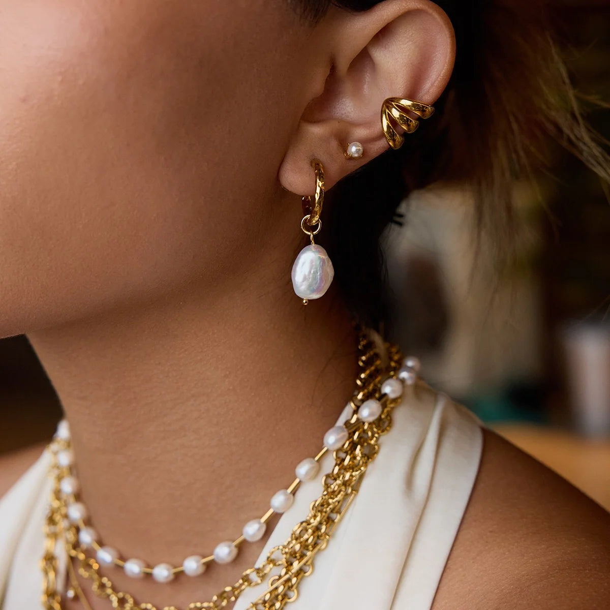 Teresa gold huggie earrings with baroque pearl drop, view 2