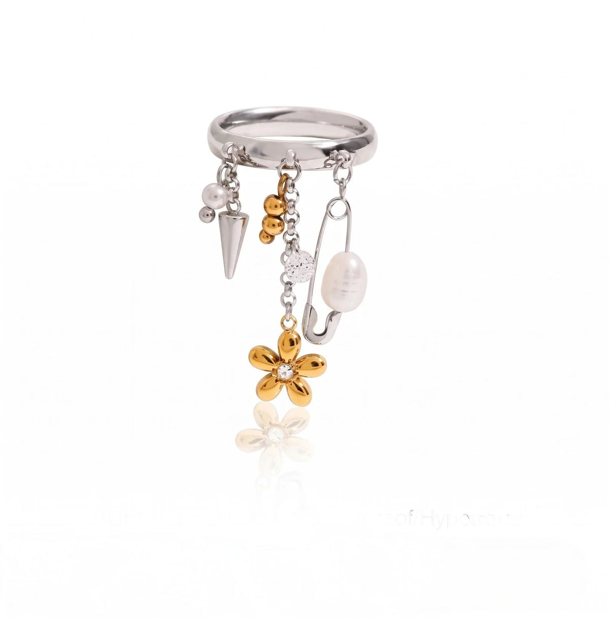 Gwen silver band ring with dangling pearl and flower charms