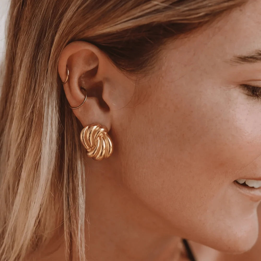 Martha chunky gold knot stud earrings, view 2