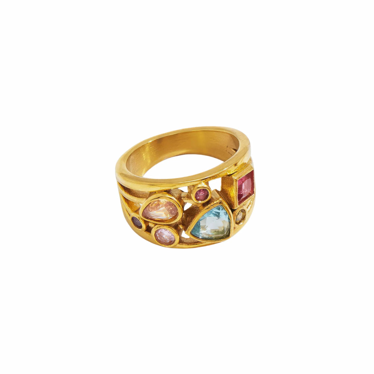 Gemma chunky gold dome ring with pink and blue bezel-set stones