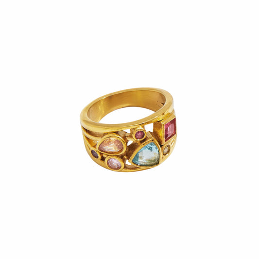 Gemma chunky gold dome ring with pink and blue bezel-set stones