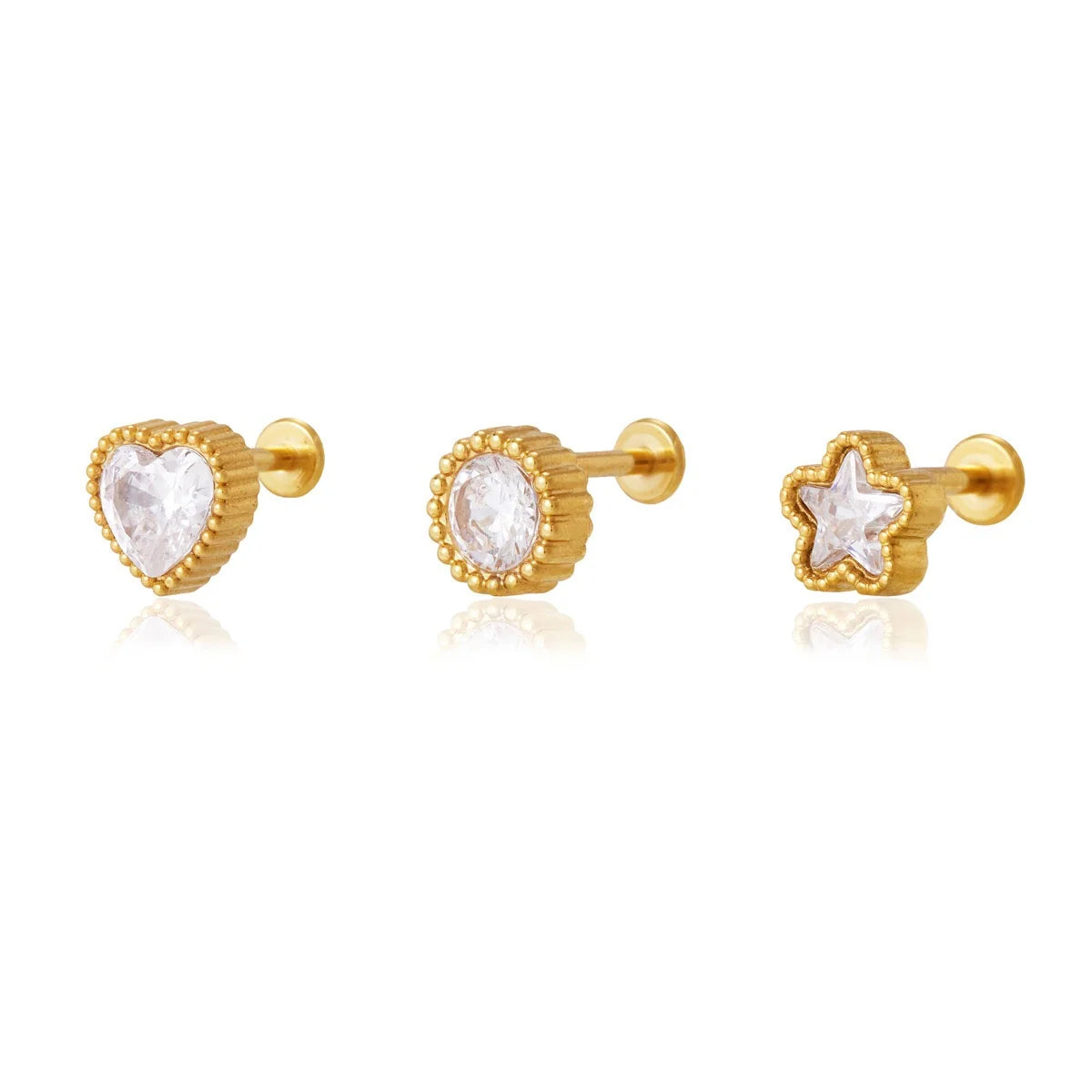 Millie gold stud earring set with heart, round and star crystals in beaded bezels