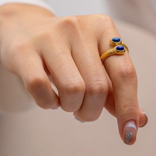 Sabine ribbed gold bypass ring with two blue oval stones, view 3