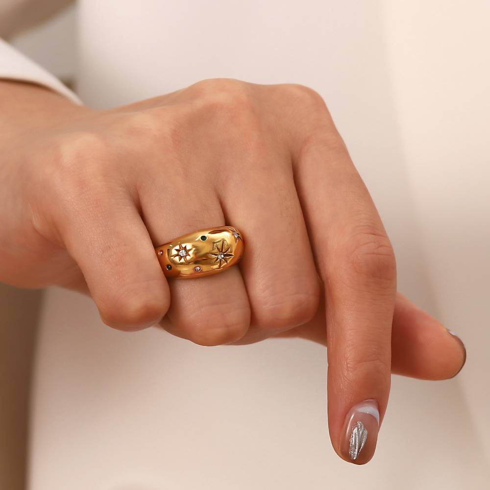 Cosima chunky gold dome ring with star set stones, view 3