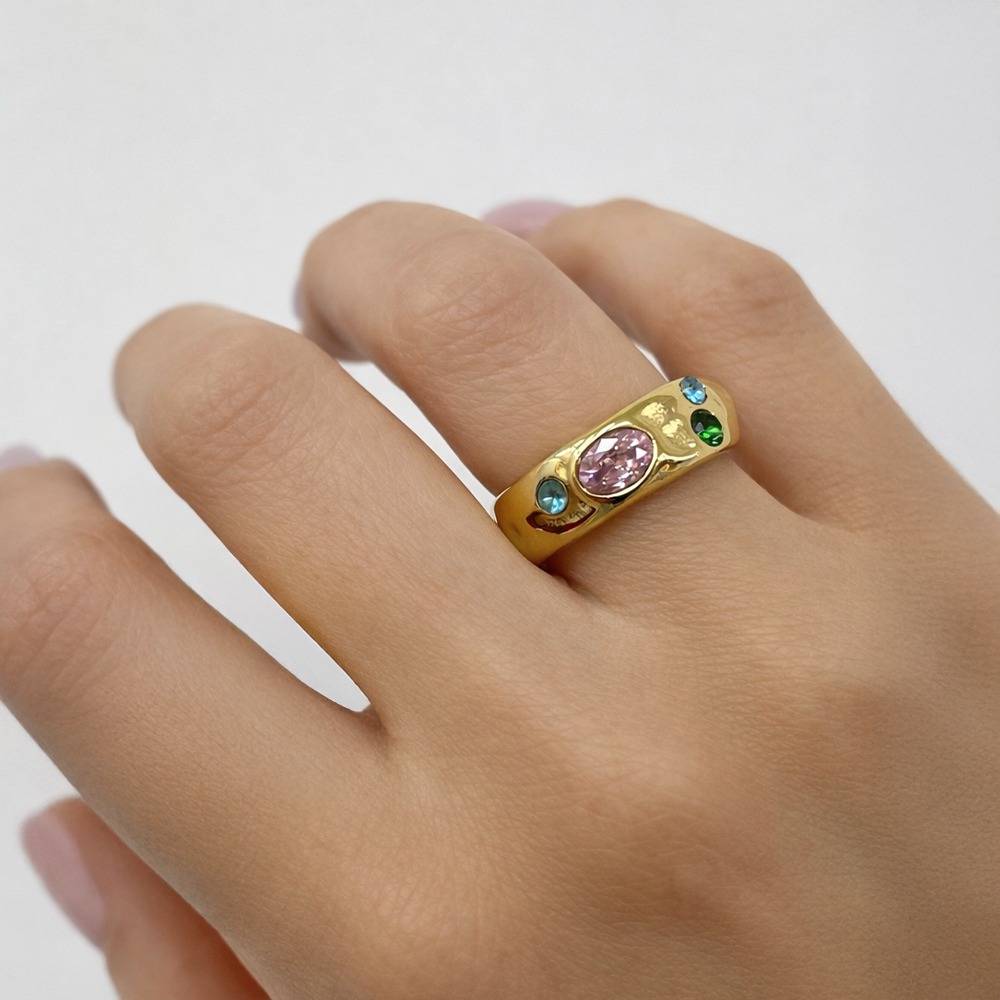 Tilly hammered gold band ring with pink, green and blue stones, view 4