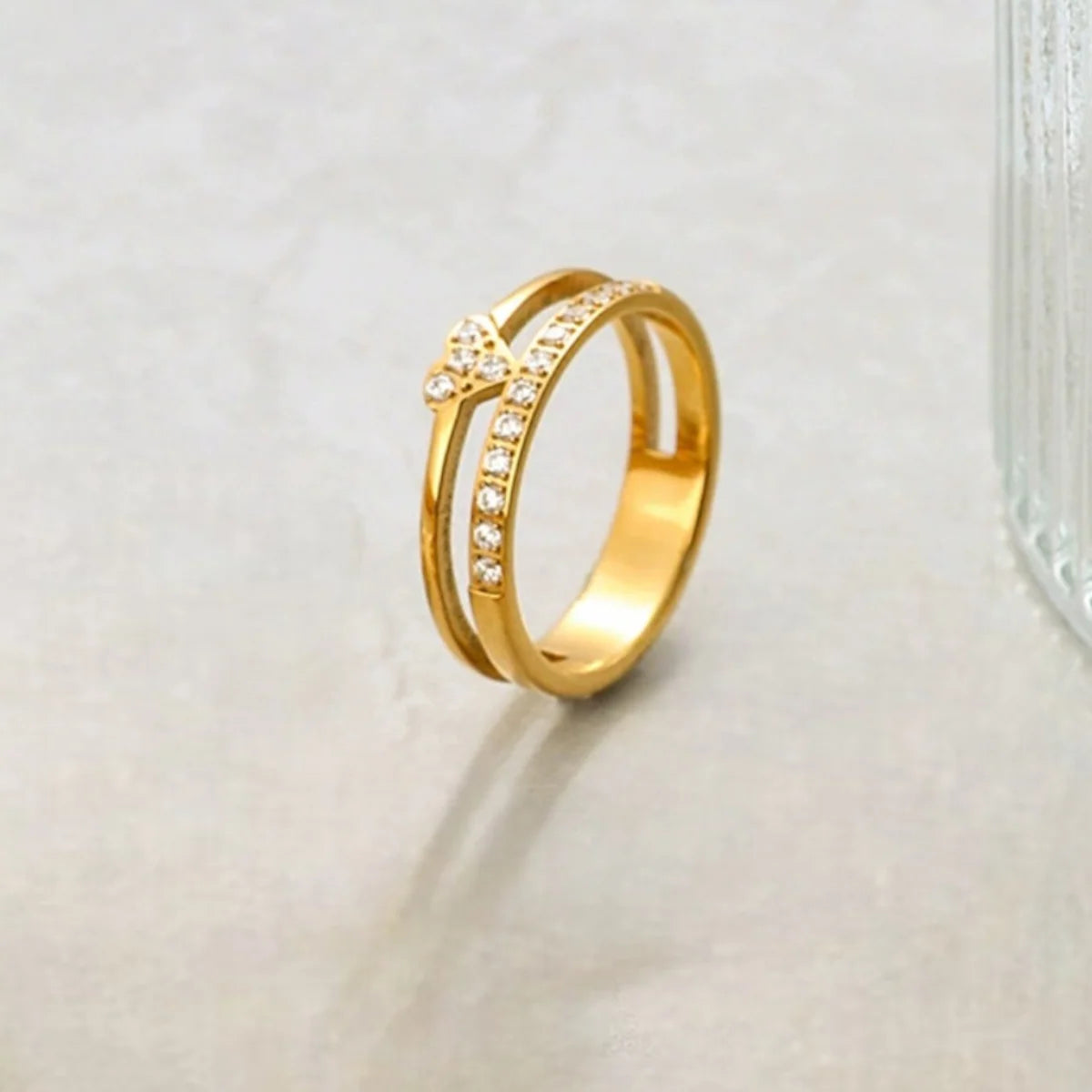 Annabel gold double band ring with a pave heart, view 4