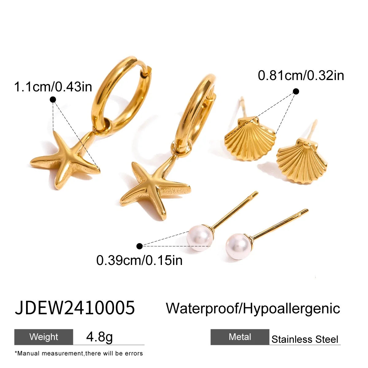 Melody gold earring set with starfish charm hoops, shell studs and pearl studs, size and dimensions