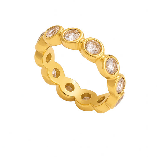 Lydia gold eternity band with bezel-set round stones, view 2