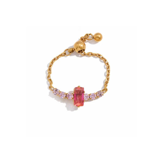 Rosa gold chain ring with pink rectangle and small pink stones