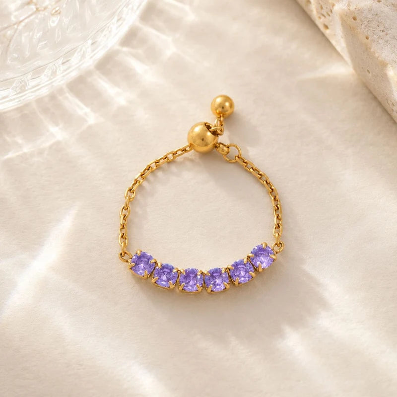 Violet gold chain ring with a row of purple stones, view 2