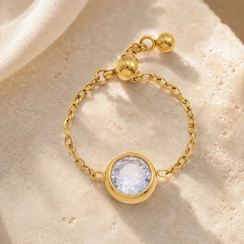 Mae gold chain ring with a round solitaire stone, view 2