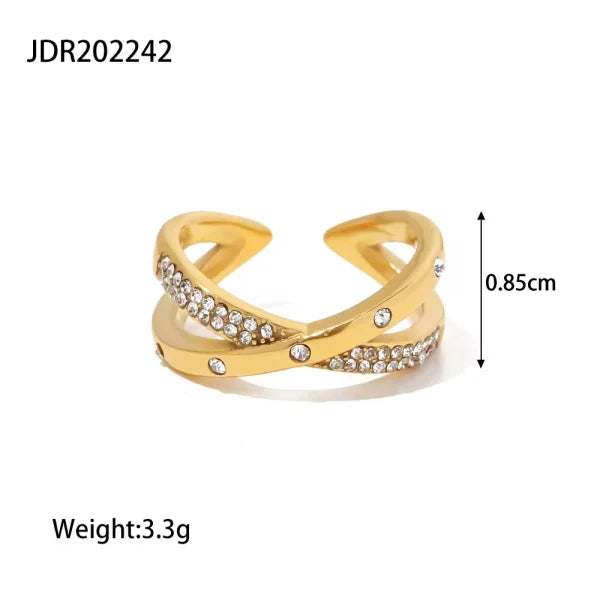 Ximena wide gold cross over ring with pave stones, view 2