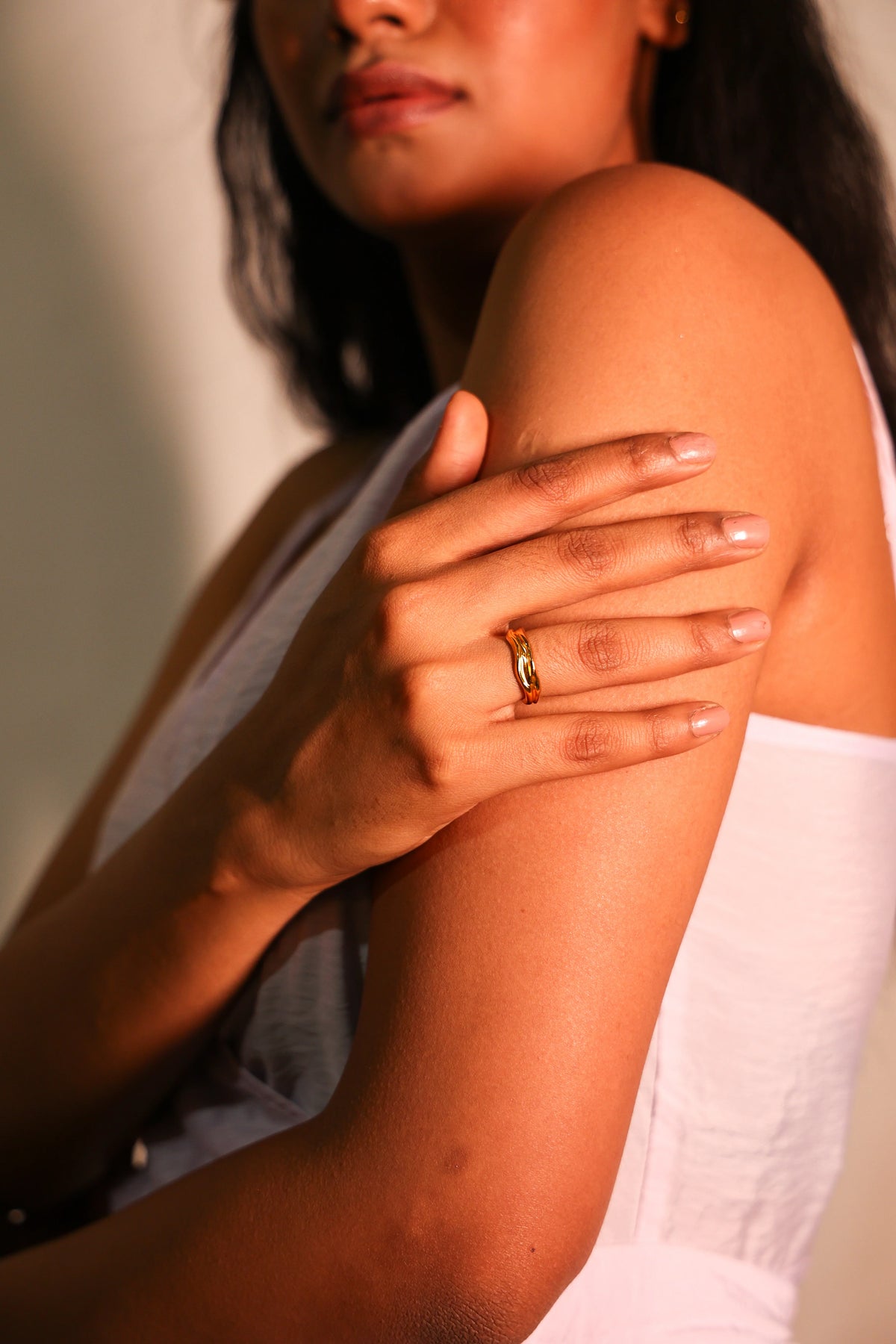 Octavia hammered textured gold band ring, view 2