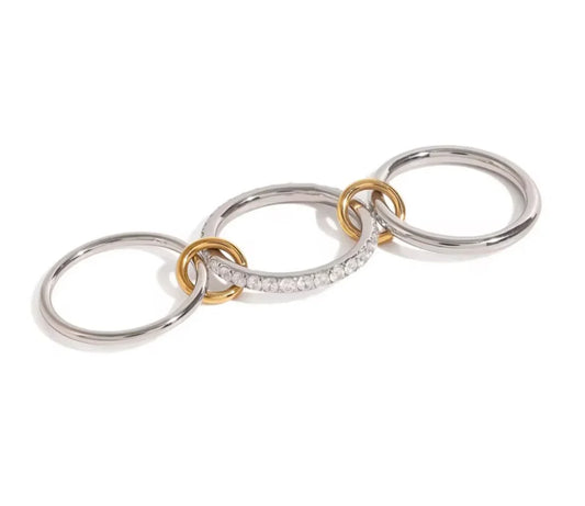 Tamsin three interlocking silver rings with gold links and stones