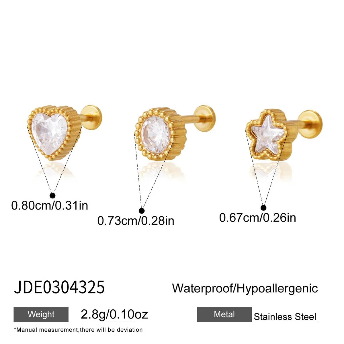 Millie gold stud earring set with heart, round and star crystals in beaded bezels, size and dimensions