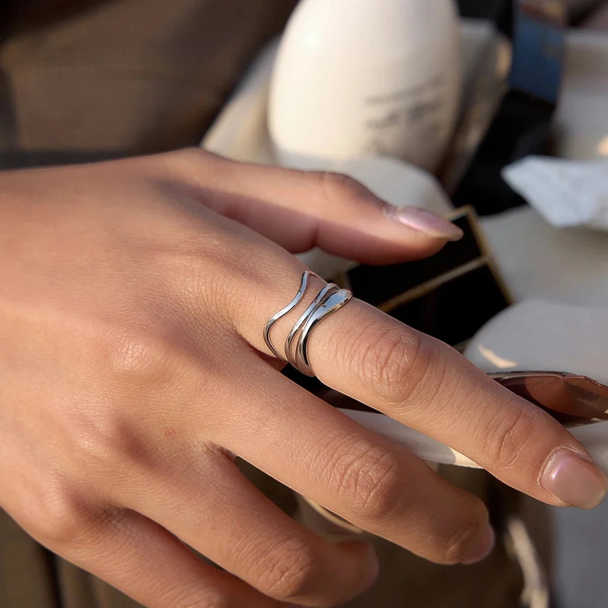 Wren silver wavy multi line ring, view 3