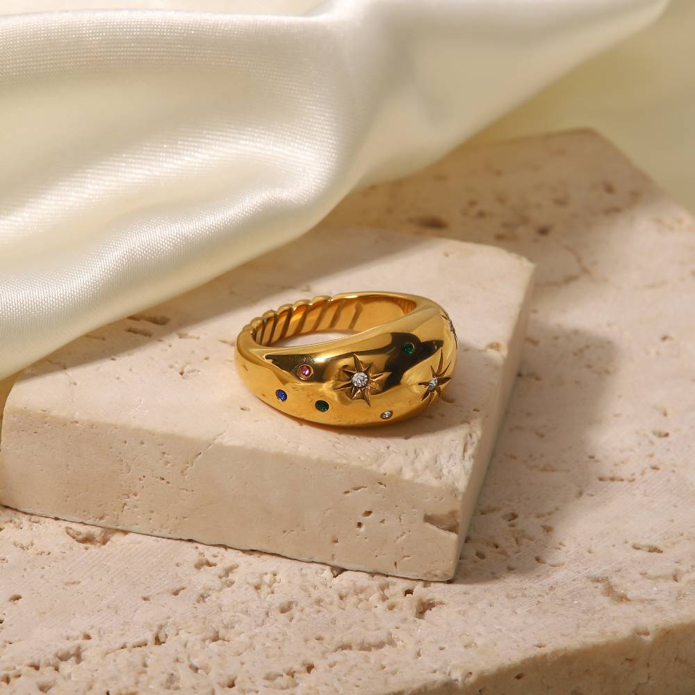Cosima chunky gold dome ring with star set stones, view 4