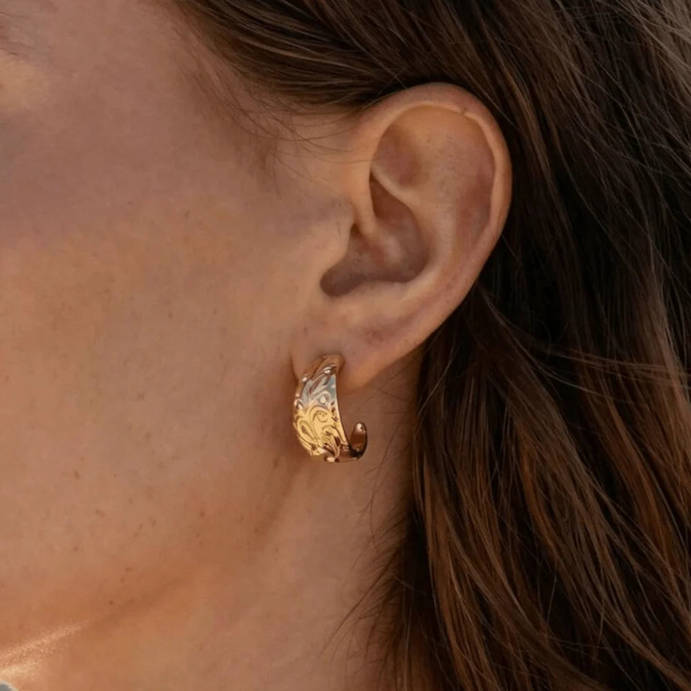 Blair chunky engraved gold half hoop earrings, view 2