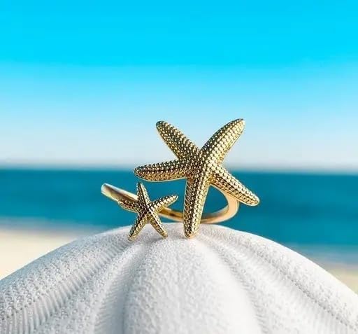 Stella gold open ring with a large textured starfish, view 2