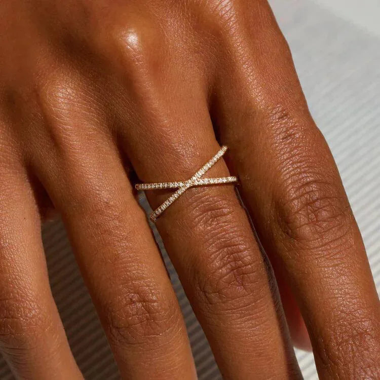 Abigail slim gold double criss cross pave ring, view 4