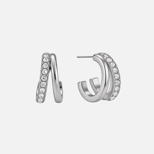 Ingrid silver double half hoop earrings with crystal pave