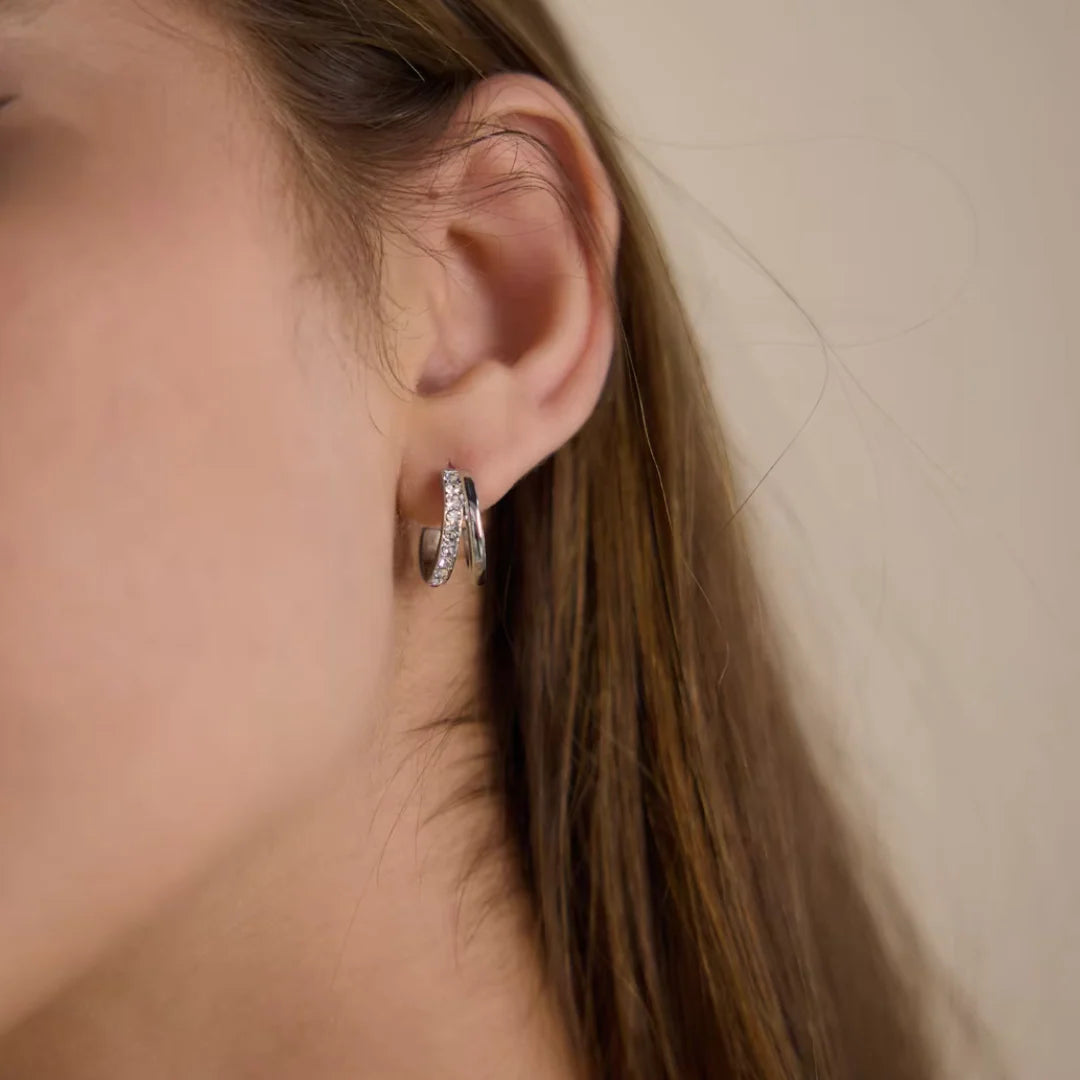 Ingrid silver double half hoop earrings with crystal pave, view 2