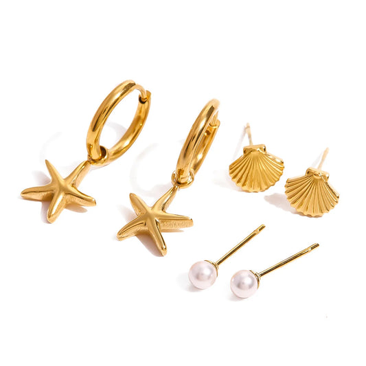 Melody gold earring set with starfish charm hoops, shell studs and pearl studs