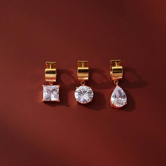 Lucinda gold square tube huggie earrings with large crystal drop, view 8
