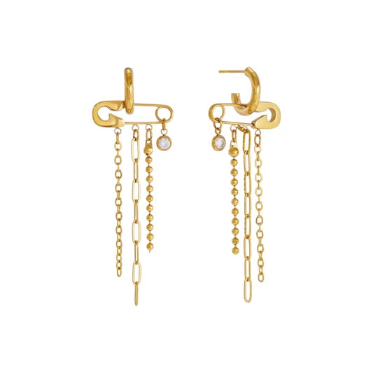 Sutton gold safety pin earrings with chain tassels and pearl drops