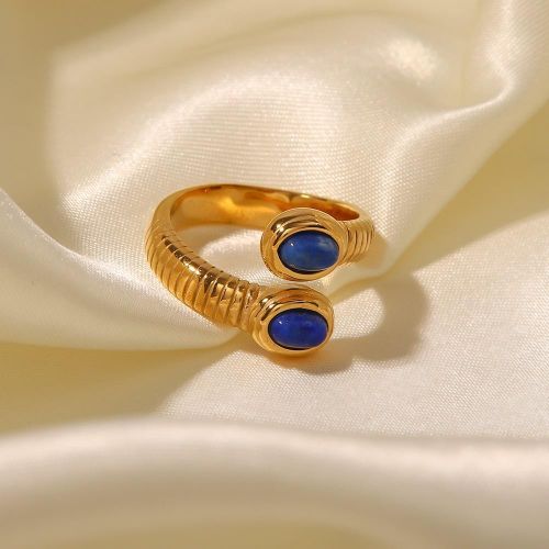 Sabine ribbed gold bypass ring with two blue oval stones, view 4