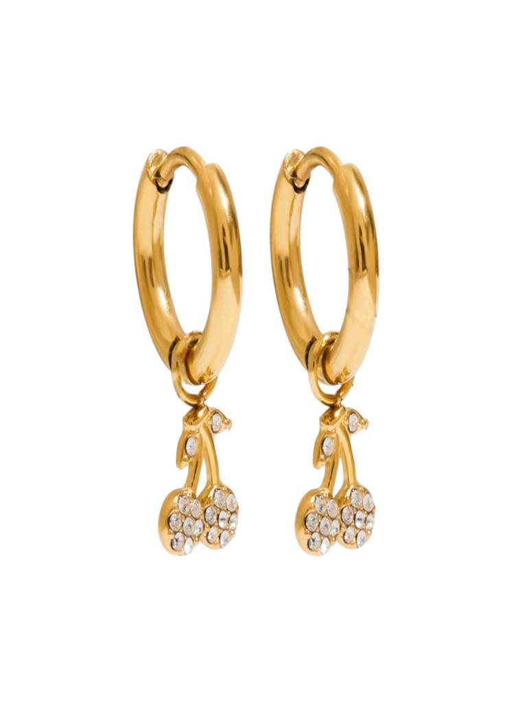 Posy gold huggie earrings with crystal cherry charm