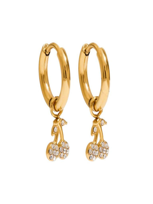 Posy gold huggie earrings with crystal cherry charm