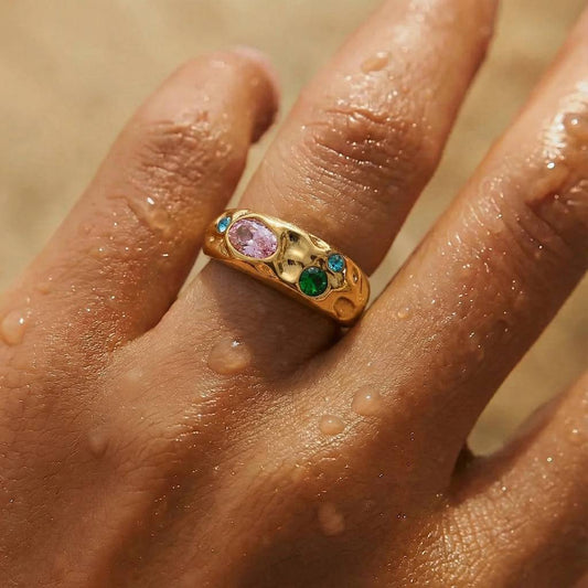 Tilly hammered gold band ring with pink, green and blue stones, view 3