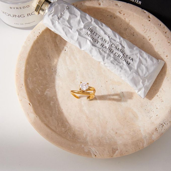 Isla gold double wave band ring with a round solitaire stone, view 3